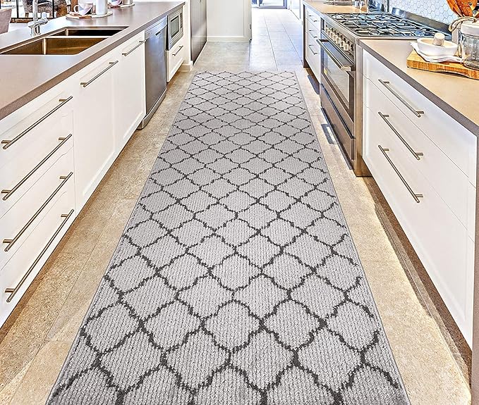 Custom Size Modern Runner Rug Carpet for Hallway Entryway Foyer Kitchen, Slip Resistant Latex Rubber Backed 31 inch Wide X Customized Length, Trellis Grey, 31 inch X 13 feet