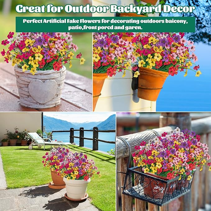 Lnoicy 24 Pcs Artificial Flowers for Outdoor,Plastic Flowers Decoration, UV Resistant Faux Flowers Shrubs, Artificial Plants for Indoor Outside Garden Home Wedding Farmhouse（6 Color）