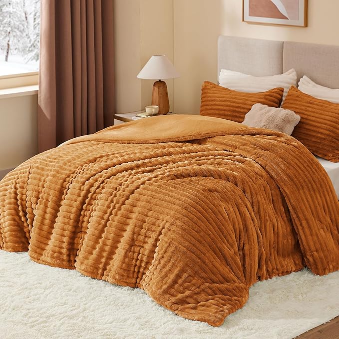 BEDELITE Fleece Twin Comforter Set -Super Soft & Warm Fluffy Rust Orange Bedding, Luxury Fuzzy Heavy Bed Set for Winter with 1 Pillow case
