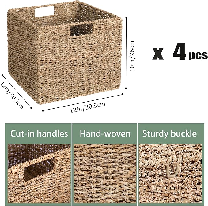 12x12x10in Seagrass Storage Baskets Set of 4, Large Wicker Storage Basket, Decorative Seagrass Shelf Basket, Pantry Baskets Organization,Folding Storage Cube Bins