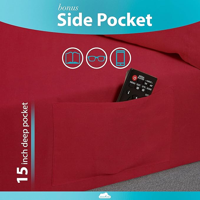 DREAMCARE Twin XL Sheet Sets – 3pcs Cooling Sheets – up to 15” Deep Pocket Twin XL Sheets Set – Hotel Luxury Sheets & Pillowcases – Superior Softness 100% Fine Microfiber with Side Pocket – Burgundy