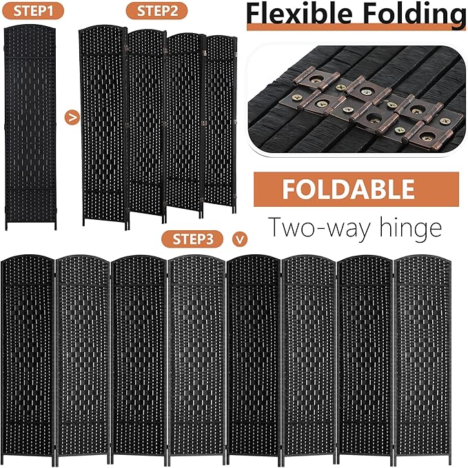 FDW Room Divider 8 Panel Folding Privacy Divider 6 Ft Indoor Wall Divider Portable Partition Wood Screen, Coal Black