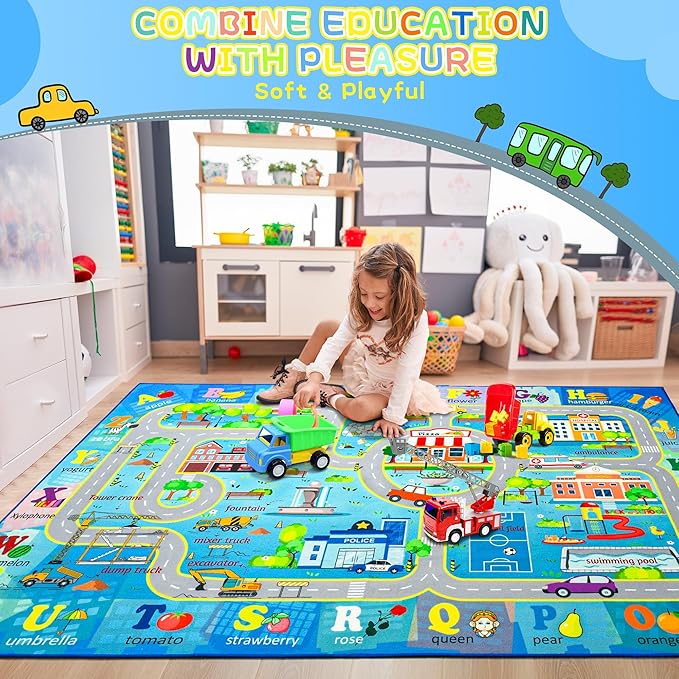 Chicrug 4x6 Car Road Area Rug for Kids Playroom Bedroom, Non Slip Low Pile Washable ABC Alphabet Carpet for Classroom, City Track Play Mat for Toddler Children Nursery Baby Room Decor, Blue