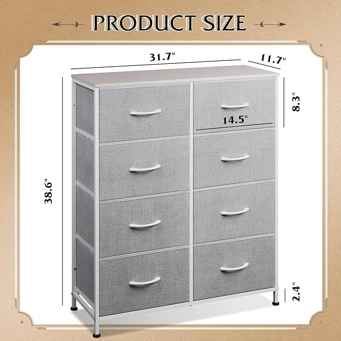WLIVE Fabric Dresser for Bedroom, Tall Dresser with 8 Drawers, Storage Tower with Fabric Bins, Double Dresser, Chest of Drawers for Closet, Playroom, Dormitory, Light Grey