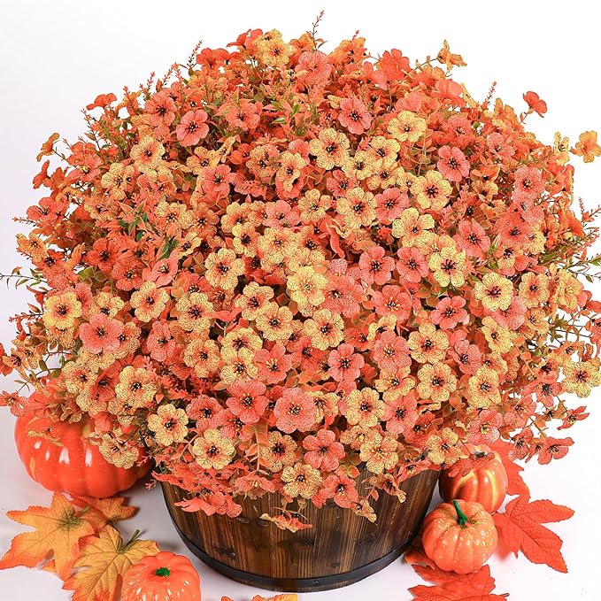 SHareconn 48 Bundles Artificial Fall Flowers for Outdoors Decoration, UV Resistant Silk Eucalyptus Lavender Faux Autumn Fake Plants for Outside Indoor Garden Yard Porch Home Decor, Autumn Orange-Red