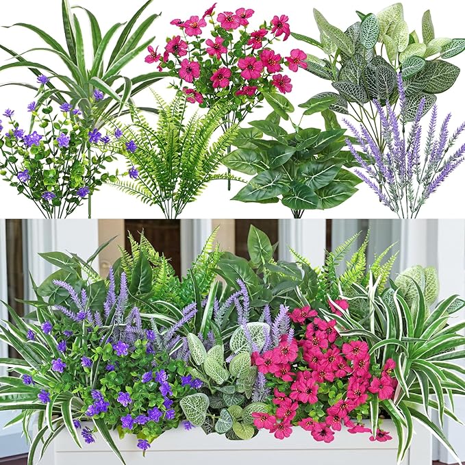 20 Bundles Artificial Plants Outdoor Fake Flowers UV Resistant Faux Greenery Stems Fake Ferns Shrubs Plastic Plants for Garden Patio Porch Yard Window Box Home Decor (Lavender Flower, 20PCS)