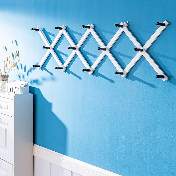 SKOLOO Hat Rack for Wall with 14 Hooks, Pack of 2, Solid Wooden, Modern, Expandable Coat Rack Wall Mount for Coats, Hats, Bags, Baseball Caps, Black on White