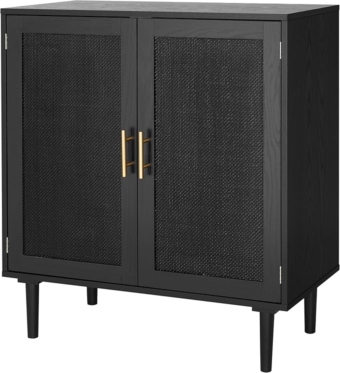Finnhomy Sideboard Buffet Kitchen Storage Cabinet with Black Painted Rattan Decorated Doors, Dining Room, Hallway, Cupboard Console Table, Liquor/Accent Cabinet, 31.5X 15.8X 34.6 Inches, Black