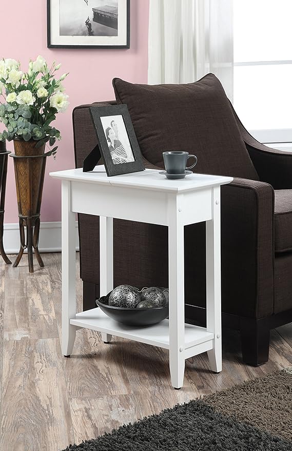 Convenience Concepts American Heritage Flip Top End Table 23.25" - Classic Narrow Chairside Accent with Hidden Storage & Lower Shelf for Traditional, Modern Living Room, White