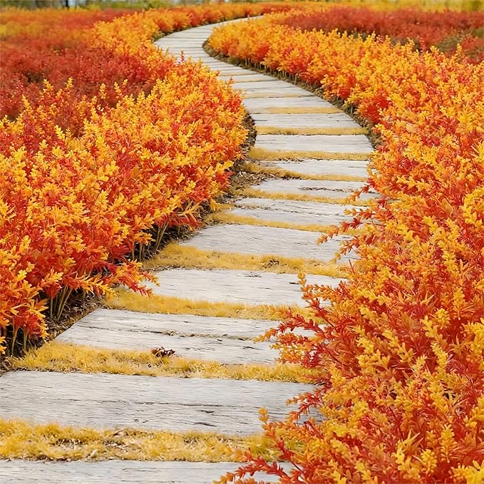 Geegoods 16 Bundles Artificial Fall Flowers Outdoor – Faux Lavender Flowers with Monkey Grass UV Resistant Plastic Faux Plants for Halloween Front Door Porch Patio Yard Balcony Decor, Orange Color