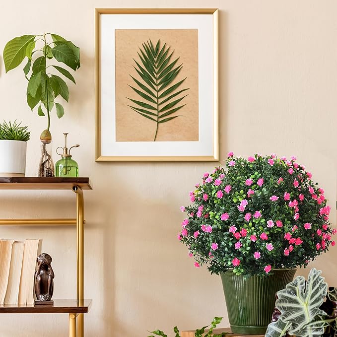2-Pack Artificial Boxwood Topiary Ball Plant with Pink Flowers, Ground Stake, UV-Resistant Outdoor & Indoor Decorative Flowers
