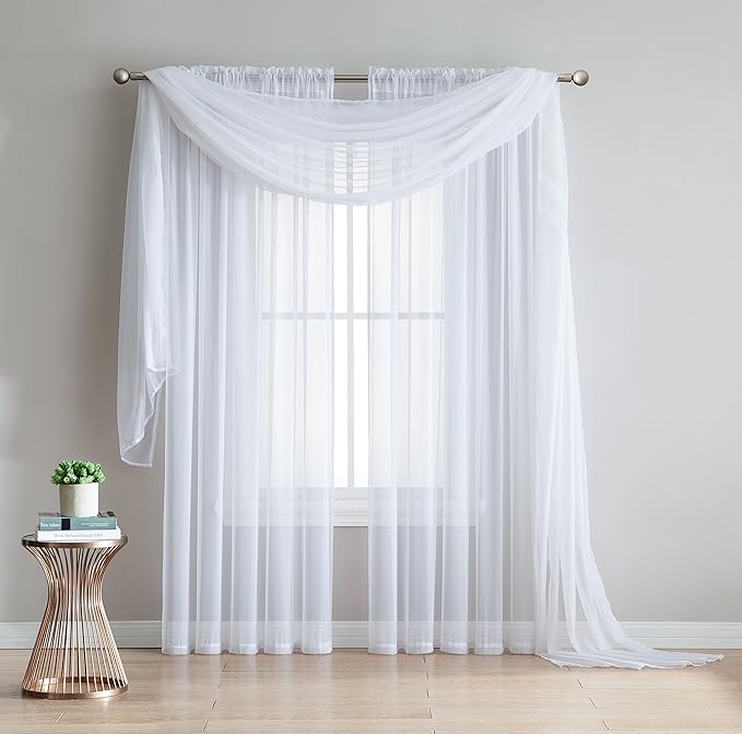 LinenZone White Window Scarf Valance in 360 Inch Size. Use Window Scarves as Canopy Bed or Backdrop Curtains, Curtain Scarf, or Sheer Fabric for Draping. (Amazing 55 x 360, White)