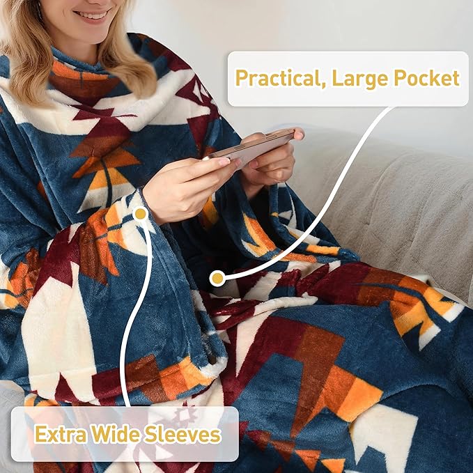 Catalonia Wearable Fleece Blanket with Sleeves and Foot Pockets for Adult Women Men, Micro Plush Comfy Wrap Sleeved Throw Blanket Robe Large, Southwest Blue