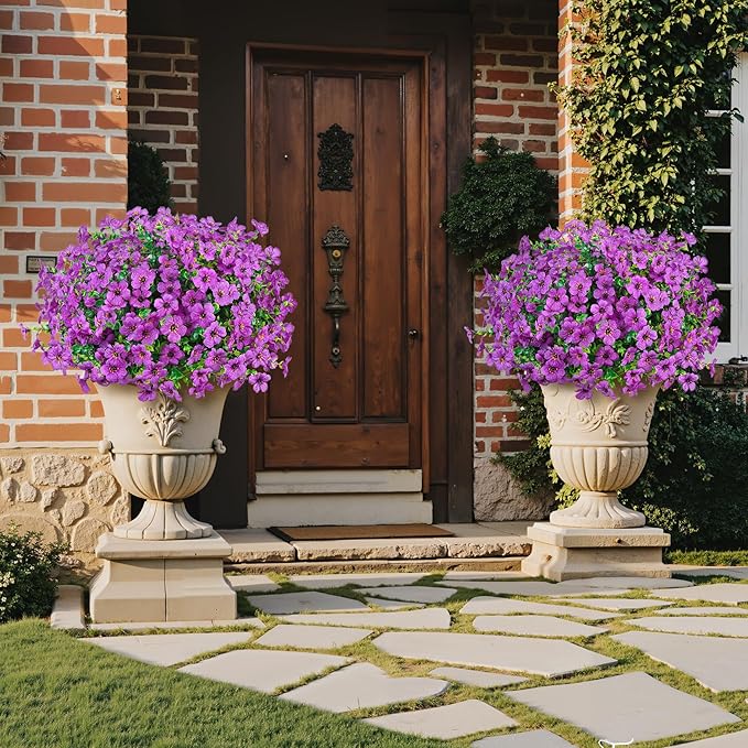 Ouddy Decor 24 Bundles Artificial Flowers for Outdoors Fake Silk Flowers UV Resistant Faux Plastic Plants for Spring Summer Garden Porch Window Box Table Vase Home Indoor Outdoor Decoration, Purple