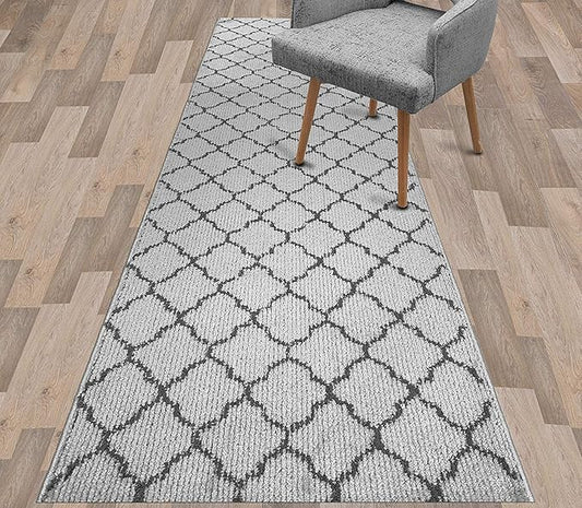 Custom Size Modern Runner Rug Carpet for Hallway Entryway Foyer Kitchen, Slip Resistant Latex Rubber Backed 31 inch Wide X Customized Length, Trellis Grey, 31 inch X 29 feet