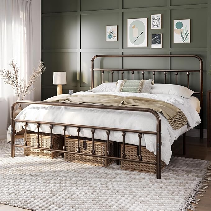 Yaheetech Classic Metal Platform Bed Frame Mattress Foundation with Victorian Style Iron-Art Headboard/Footboard/Under Bed Storage/No Box Spring Needed/King Size Bronze
