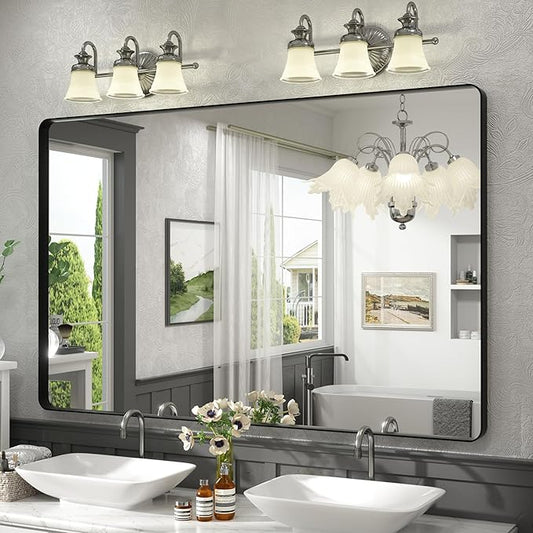 CHAMROR 55x36 Inch Black Metal Framed Bathrrom Mirror for Wall, Black Rounded Rectangle Mirror, Matte Black Bathroom Vanity Mirror, Anti-Rust, Tempered Glass, Hangs Horizontally or Vertically
