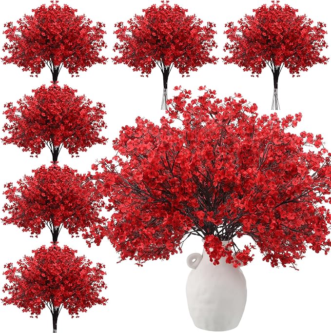 Lyrow 24 Pcs Red Babys Breath Artificial Christmas Picks Decoration Xmas Fake Flowers Stems Gypsophila Bushes Floral Arrangement Bulk for Home Indoor Table Decor(Red)
