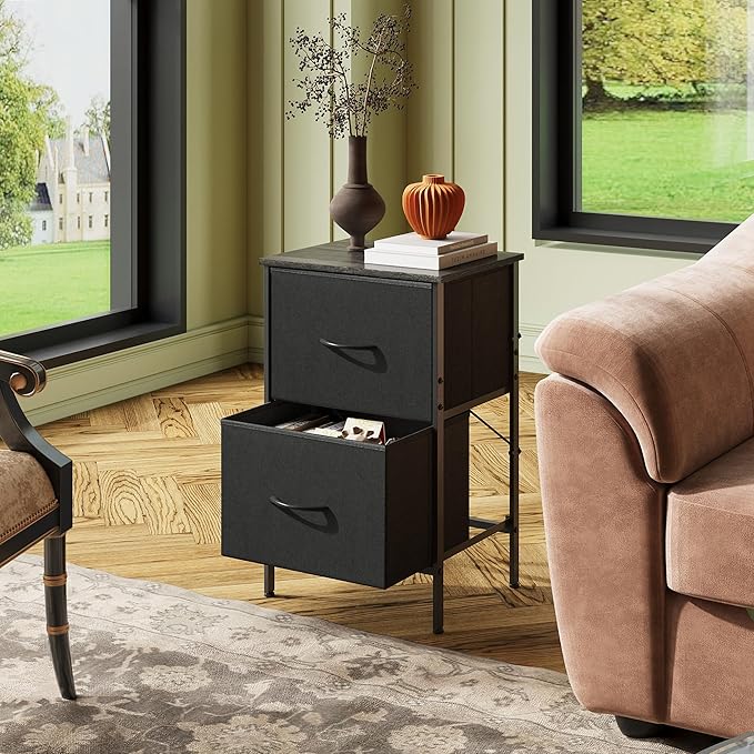 WLIVE Black Night Stand, Nightstand with 2 Drawers, Small Dresser for Bedroom, Bedside Table Furniture, College Dorm, End Table with Fabric Bins, Size L 24.9" H