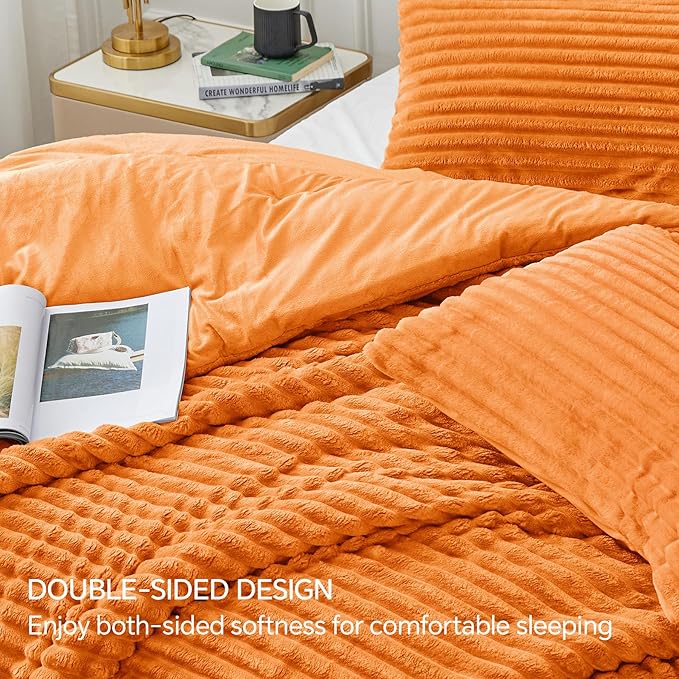 BEDELITE Fleece Queen Comforter Set -Super Soft & Warm Fluffy Burnt Orange Bedding, Luxury Fuzzy Heavy Bed Set for Winter with 2 Pillow Cases