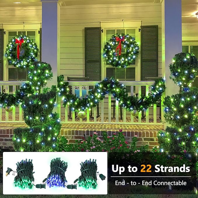 Brizled Blue & Green LED Christmas Lights, 33ft 100 5MM Wide Angle Connectable Mini Tree Lights, UL Listed Xmas Indoor/Outdoor Party Decor, Green Wire