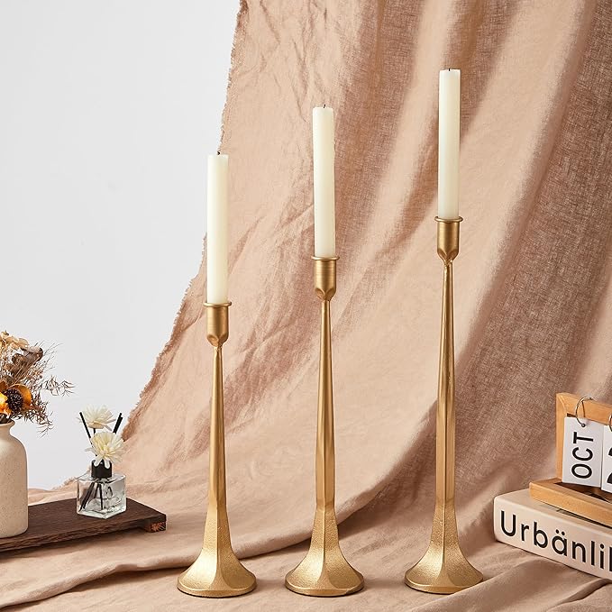 Denique Iron Taper Candle Holder Set of 3, Gold Candlestick Holders Decorative Candle Stand, Tapered Candle Holders Tall Set for Wedding, Dining Table, Home Decoration (Gold)