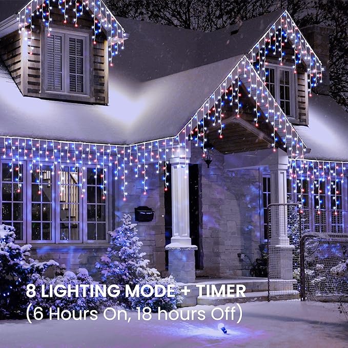 Toodour Red White Blue Christmas Icicle Lights, 29.5ft 360 LED Icicle Lights, 8 Modes, 60 Drops, Window Curtain Led Christmas Light, Icicle Twinkle Light for Eaves, Party, Wedding, Xmas Decorations