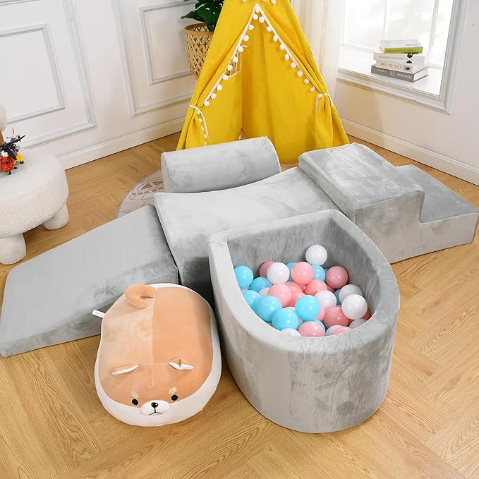 Foam Climbing Blocks for Toddlers 1-3 - Baby Climb and Crawl Activity Playset - Indoor Activity Play Structure for Toddlers - Foam Soft Play Set for Babies - Balls NOT Included - Gray