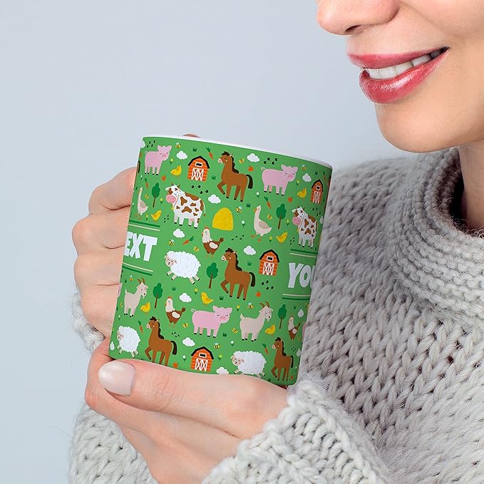 Personalized Mug for Kids - Farm Animals - Custom Name/Text, Ceramic Hot Chocolate/Cocoa/Coffee Cup for Boys/Girls, Birthday/Christmas/Holiday Gift - 11 oz, Light Blue Handle