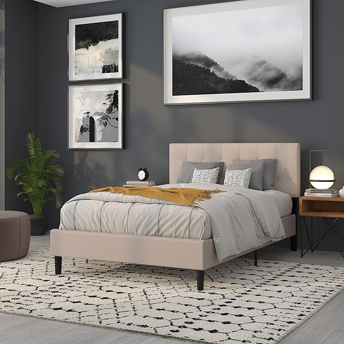 Flash Furniture Bedford Box Stitch Tufted Upholstered Full Size Headboard in Beige Fabric