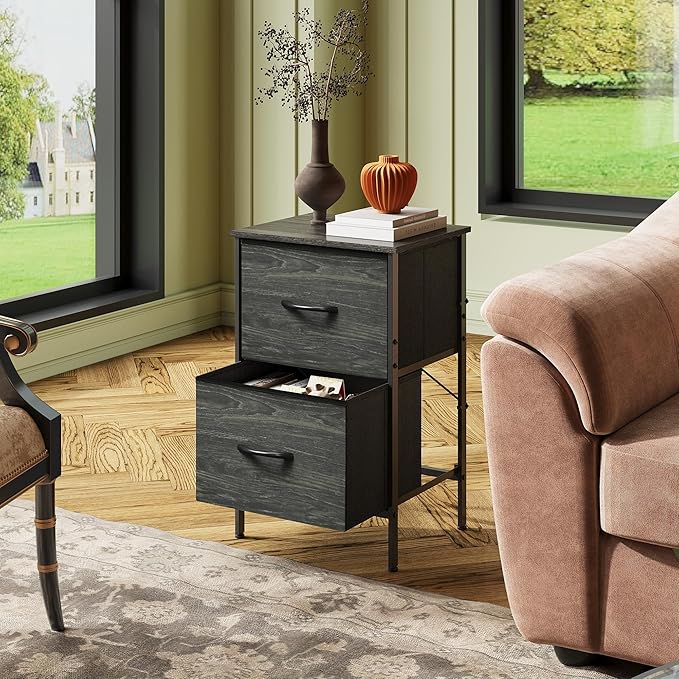 WLIVE Nightstand, Nightstand with 2 Drawers, Bedside Furniture, Night Stand, Small Dresser for Bedroom, College Dorm, End Table with Fabric Bins, Dormitory, Charcoal Black Wood Grain Print, Size L