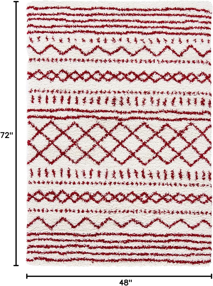 SAFAVIEH Arizona Shag Collection Accent Rug - 4' x 6', Ivory & Red, Moroccan Design, Non-Shedding & Easy Care, 1.6-inch Thick Ideal for High Traffic Areas in Entryway, Living Room, Bedroom (ASG741P)