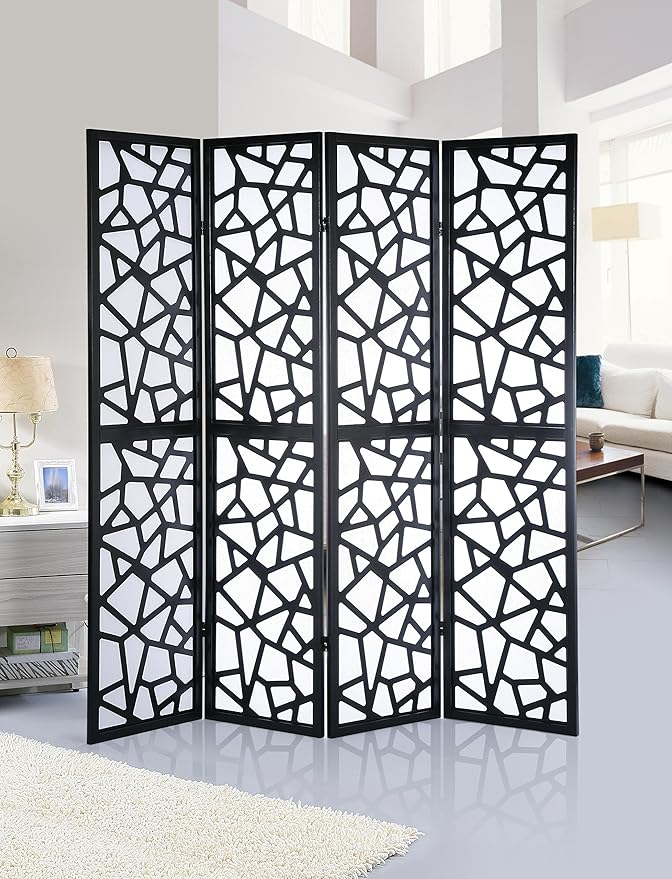 Roundhill Furniture Giyano 4 Panel Screen Room Divider, 70"W x 70"H, Black
