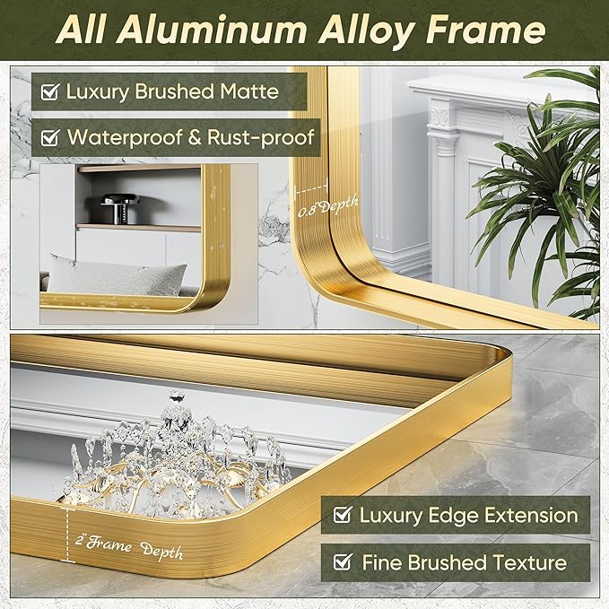 Suidia Bathroom Mirror, 60" x 36" Wall Mirror Metal Framed, Bathroom Vanity Mirror for Living Room Bedroom Bathroom Entryway, Gold, Rounded Corner Style