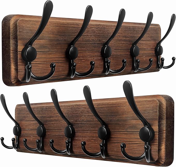 Dseap Coat Rack Wall Mounted - 5 Tri Hooks, Heavy Duty, Wooden Wall Coat Hanger Coat Hook for Clothes Hat Jacket Clothing, Natural & Black, 2 Packs