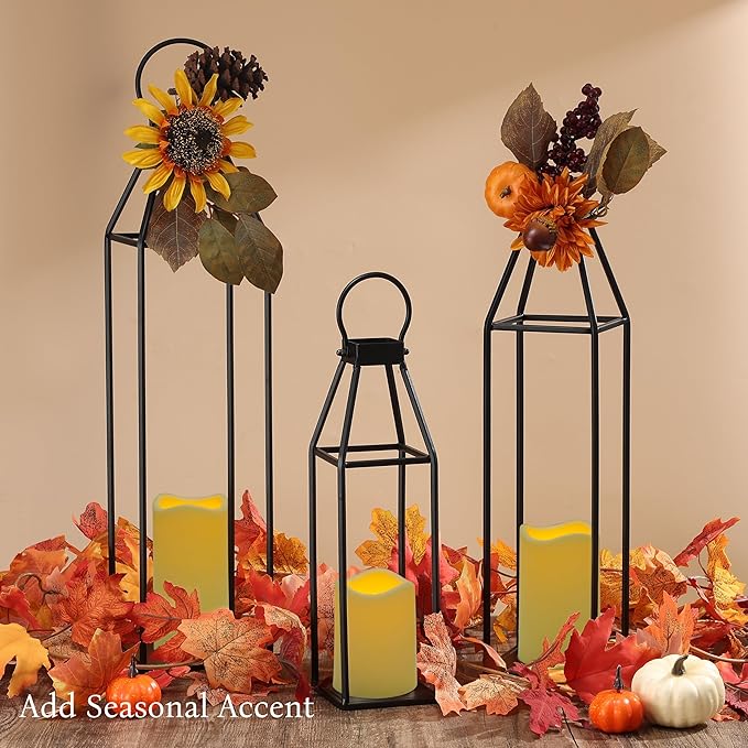 Perfnique Set of 3 Black Metal Lanterns w/ Waterproof Flickering Flameless Candle & Remote Timer, Modern Farmhouse Lanterns Decorative for Outdoor, Front Porch, Indoor, Patio, Garden, Fireplace