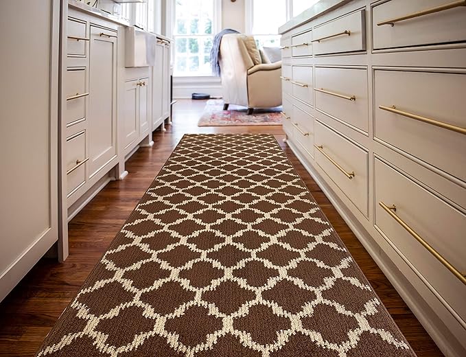 Custom Size Cut to Length Moroccan Trellis Design Runner Rug Mat For Wide Long Hallways with Non-Slip Rubber Backing, Better Traction for Pets, Prevent Slippage, Trellis Brown, 31 inch X 15 feet