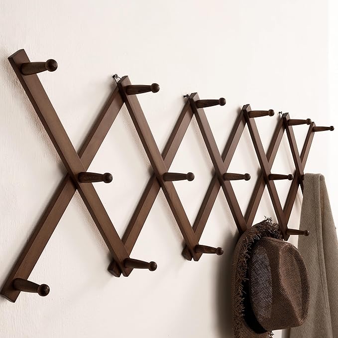 SKOLOO Hat Rack for Wall with 17 Hooks, Solid Wooden, Modern, Expandable Coat Rack Wall Mount for Coats, Hats, Bags, Baseball Caps, Walnut Color