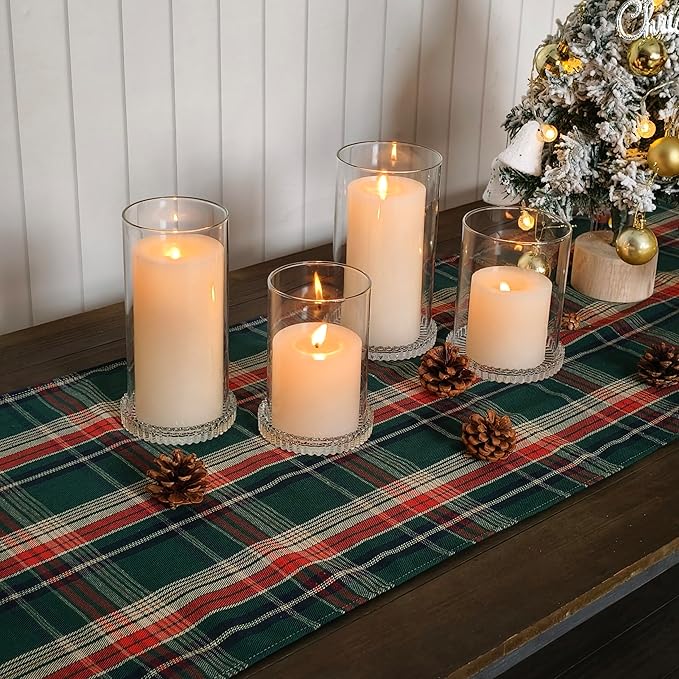 Vixdonos Hurricane Glass Candle Holders Set Pack 2 Serrated Round Candle Stand for Pillar Candles Modern CandleHolders with 5.1" 7.1" Tall Cylinder Chimney Cover for Outdoor Wedding Decor