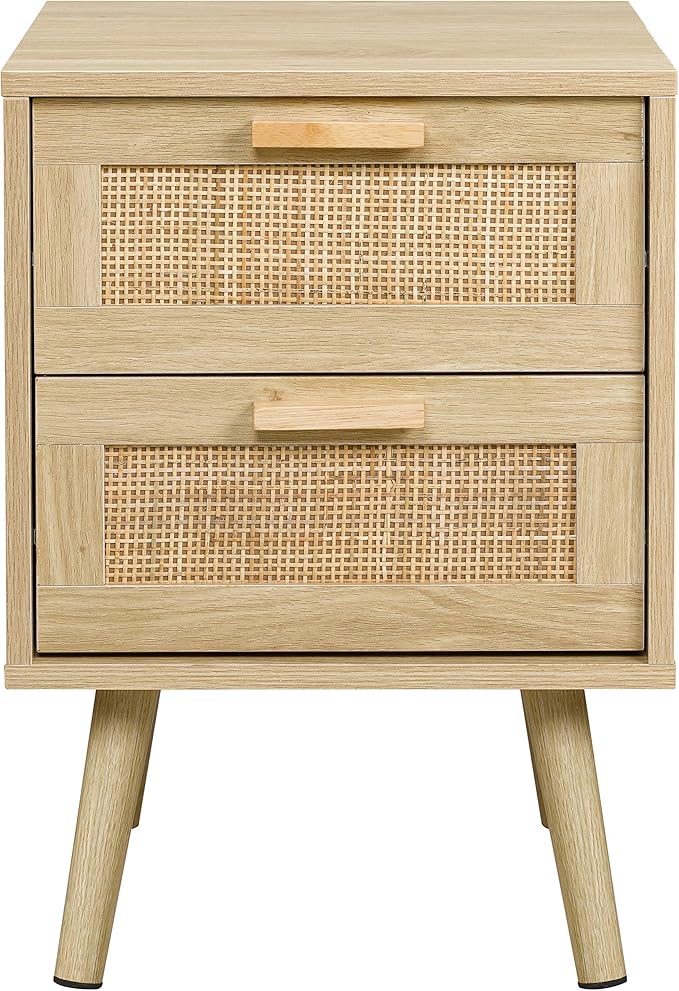 Finnhomy Nightstand, End Table, Side Table with 2 Hand Made Rattan Decorated Drawers, Wood Accent Table with Storage for Bedroom, Natural (Patented)