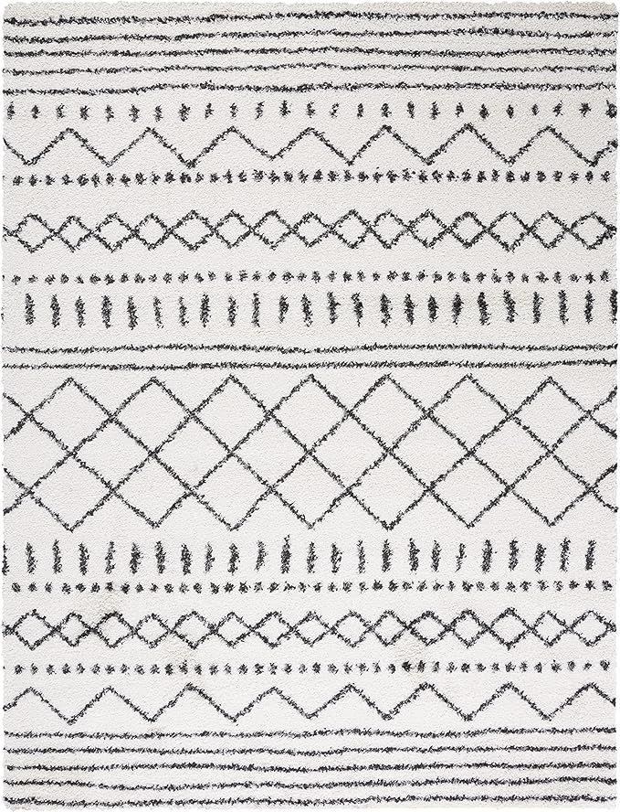 SAFAVIEH Area Rug 8x10 - Arizona Shag Collection - Large - Ivory & Black, Moroccan Design, Non-Shedding & Easy Cleaning, Ultra Plush Thick Pile, Ideal for Living Room, Bedroom, Dining Space (ASG741Z)