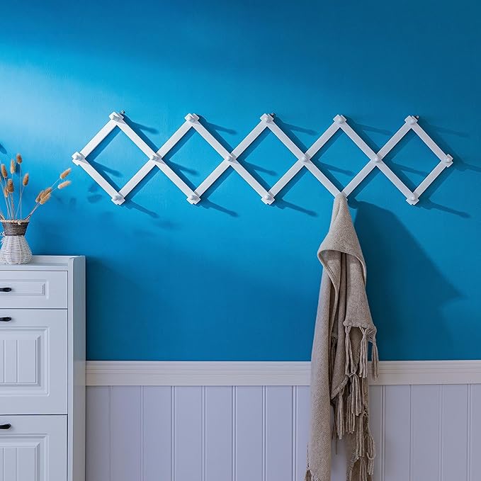SKOLOO Accordion Wall Hanger with 16 Hooks, Modern Expandable Coat Rack Hat Rack for Wall, Solid Wooden, White