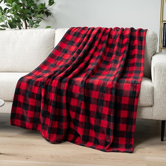 PAVILIA Black and Red Buffalo Plaid Fleece Bed Blanket King Size, Soft Checkered Flannel Blanket for Sofa, Plaid Christmas Couch Throw Bed, Warm Cozy Decorative Blanket Fall Decor Gift, 90x90