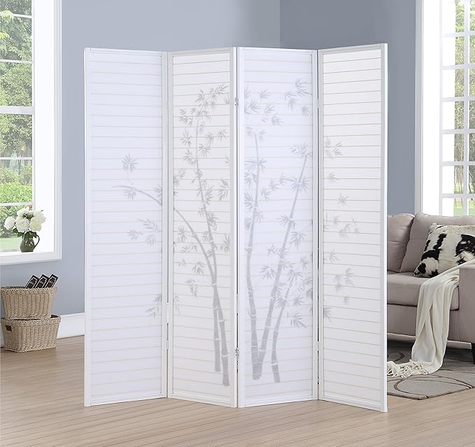 Roundhill Bamboo Print 4-Panel Framed Room Screen/Divider, white