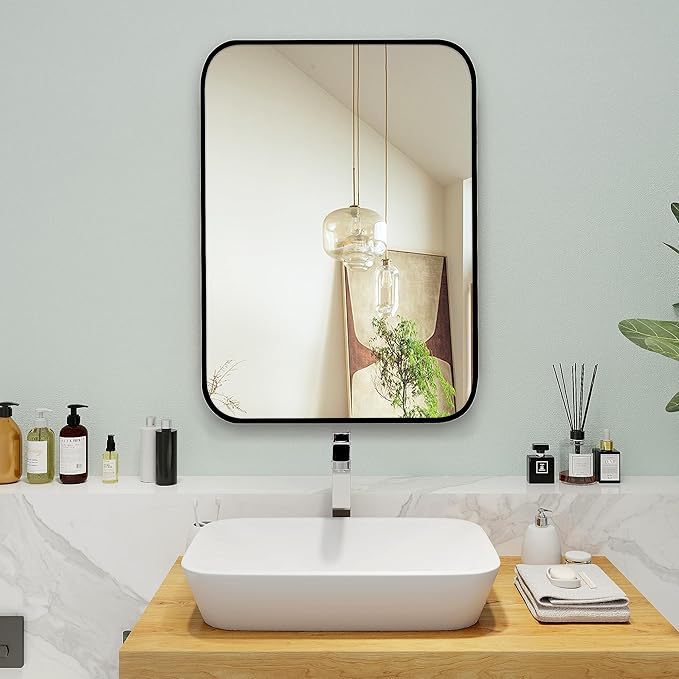 20"x30" Brushed Matte Black Mirror for Wall, Rounded Rectangle Mirror with Metal Frame Hanging for Bathroom Entryway Vanity,Living Room,Bedroom,Vertical or Horizontal