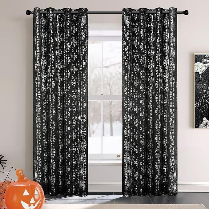 NICETOWN Black Voile Sheer with Glitter Silver Web, Grommet Halloween Spider Pattern for Window Decor, Party & Seasonal Home, W54 x L96, 2 Panels