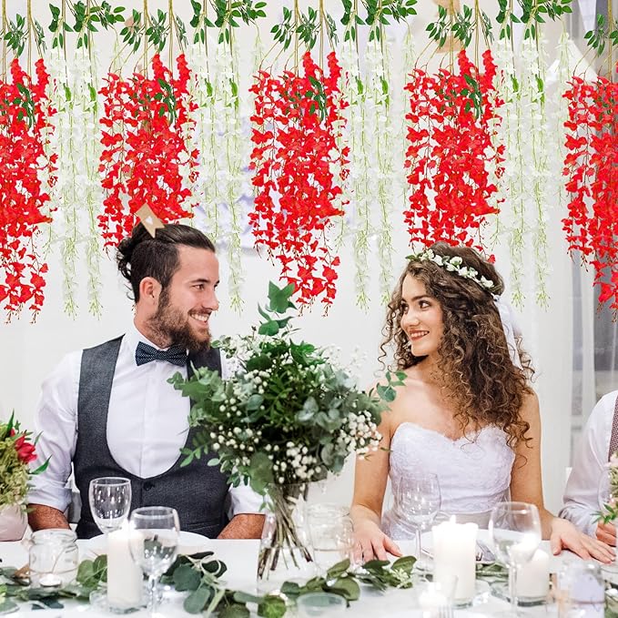 Giegxin 24 Pcs Artificial Wisteria Hanging Flowers 3.6 ft Artificial Fake Wisteria Vine Rattan Hanging Garland Silk Flowers String for Wall Home Wedding Party Greenery Decorations (Dark Red,White)