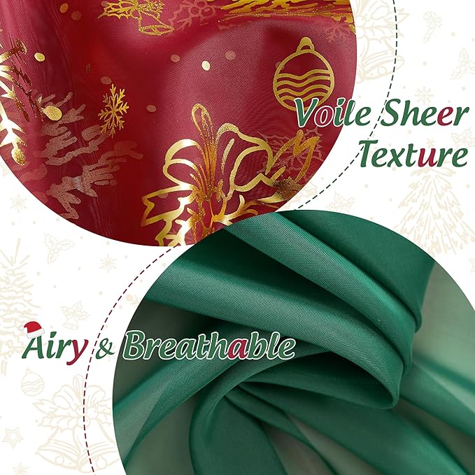 NICETOWN Christmas Window Curtains Set, 2 Pcs W29xL96 Green Sheer + 2 Pcs W40xL96 Gold Foil Stamped for Christmas Home Decoration