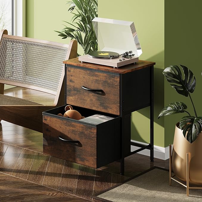 WLIVE Nightstand Set of 2, 2 Drawer Dresser for Bedroom, Small Dresser with 2 Drawers, Bedside Furniture, Night Stand, End Table for Bedroom, College Dorm, Rustic Brown Wood Grain Print