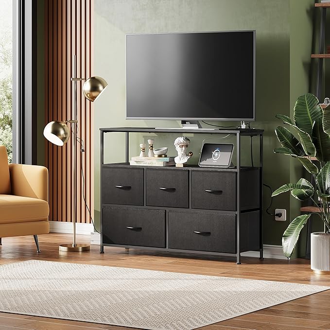 WLIVE Black Dresser for Bedroom, 5 Drawer Dressers with Charging Station, Fabric Chest of Drawers with Open Shelves, Storage Dresser for Living Room, Closet, Entryway